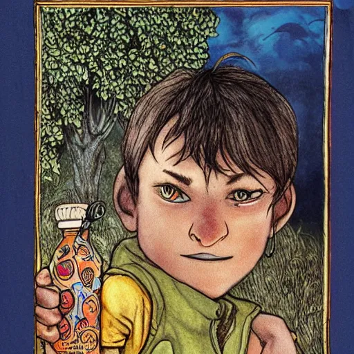 Prompt: award winning julia donaldson and rebecca guay style illustration drawing of a friendly south african boy and is little brother who holds a hazardous bottle, in a sunny african urban township environment in the 1 9 9 0's.