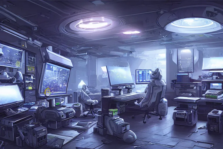 Prompt: stunning concept illustration of a retrofuturism cyberpunk bedroom full of computers, by ron cobb, hd, 4 k