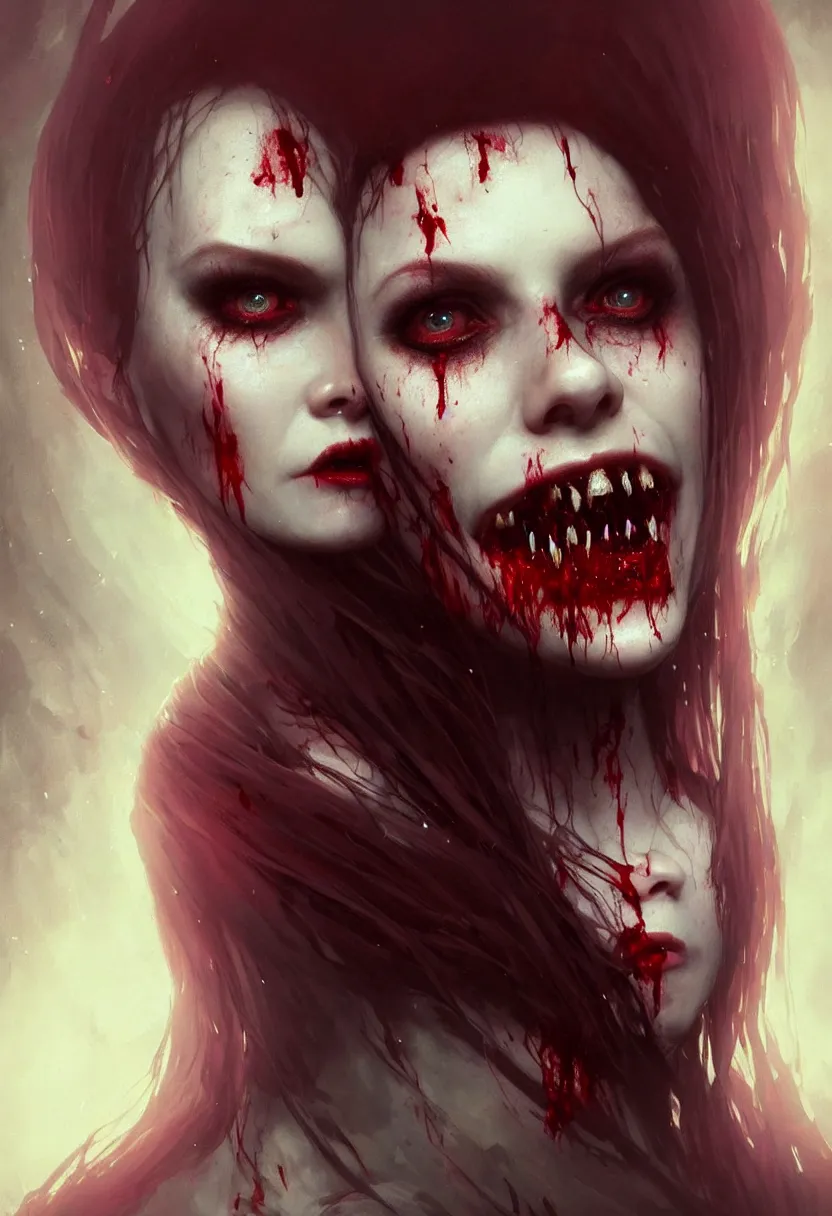 Image similar to beautiful, very extreme closeup portrait, one face, one face, one face, bloody face, vampire girl, extreme blood, vampire fangs, medieval dress. witch, makeup. unreal engine, greg rutkowski, loish, rhads, beeple, tom bagshaw, alphonse mucha, global illumination, detailed and intricate environment