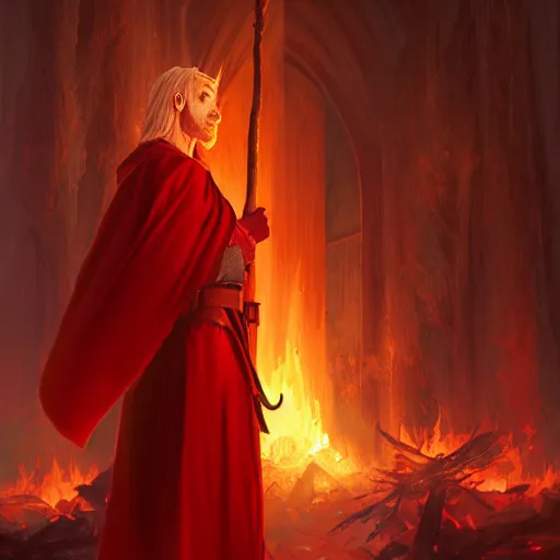 Image similar to middle adged blonde male elf wizard in red robes holding staff, surrounded by fire, epic wallpaper, high fantasy, trees, intricate detail, digital painting, artstation, concept art, smooth, sharp focus, illustration, art by greg rutkowski and wlop and raymond swanland and ross tran