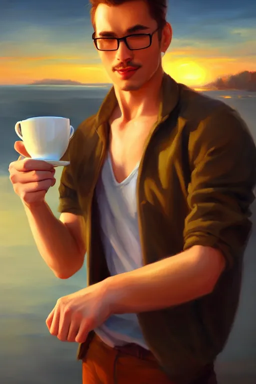 Image similar to attractive man drinking coffee, sunset, painting by vladimir volegov, ross tran, tom of finland, trending on artstation