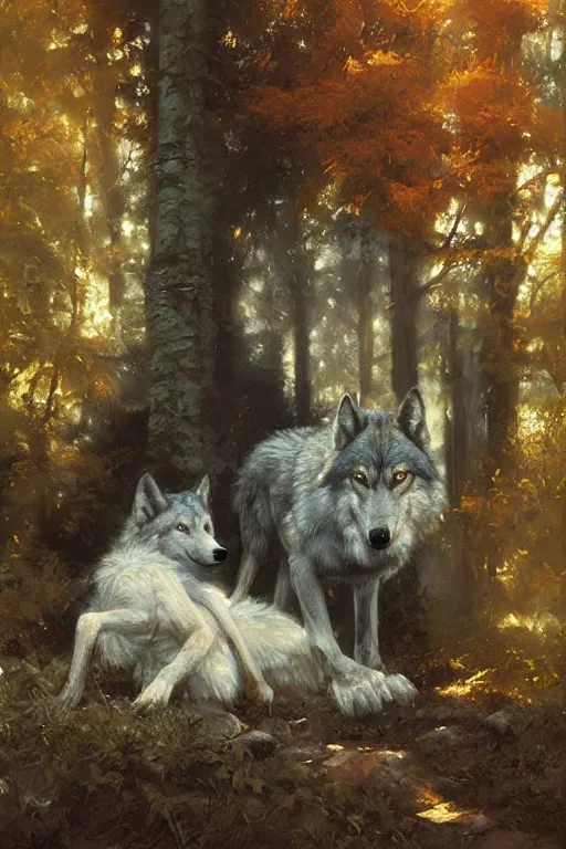 Image similar to spiritual twin flame wolf art, forest hue, highly detailed, oil painting, by craig mullins