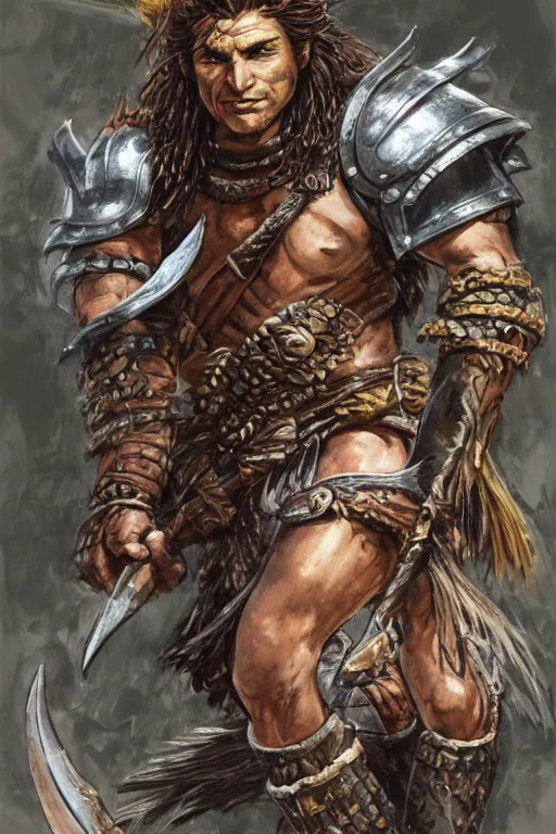 Image similar to A semi realistic portrait of a young handsome male barbarian with long wild hair, intricate fantasy spear, plated armor, vivid colors, colored, D&D, dungeons and dragons, tabletop role playing game, rpg, jrpg, digital painting, by Frank Frazetta and Yusuke Murata, concept art, highly detailed, promotional art, HD, digtial painting, trending on ArtStation, golden ratio, rule of thirds, SFW version