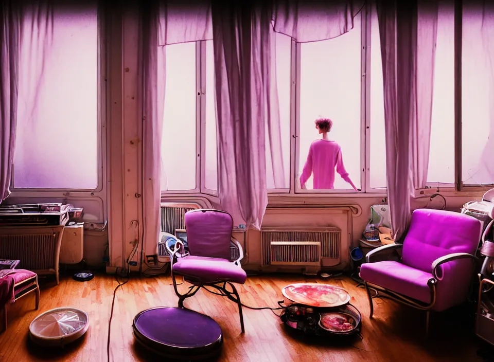 Prompt: telephoto 7 0 mm f / 2. 8 iso 2 0 0 photograph depicting the feeling of chrysalism in a cosy cluttered french sci - fi ( art nouveau ) cyberpunk apartment in a pastel dreamstate art cinema style. ( kitchen, computer screens, window ( city ), fish tank, lamp ( ( ( armchair ) ) ) ), ambient light.