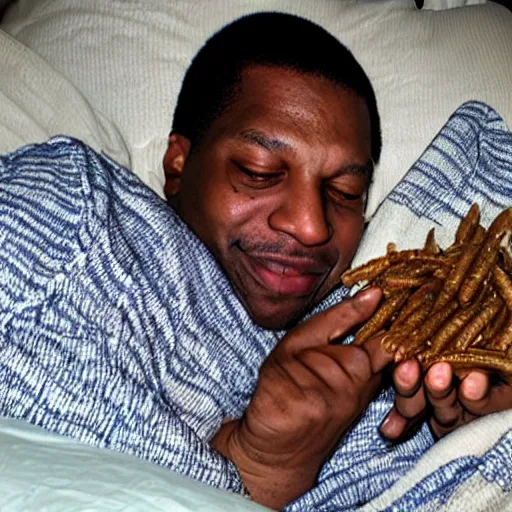 Prompt: happy john coltrane snuggling a giant mealworm in bed