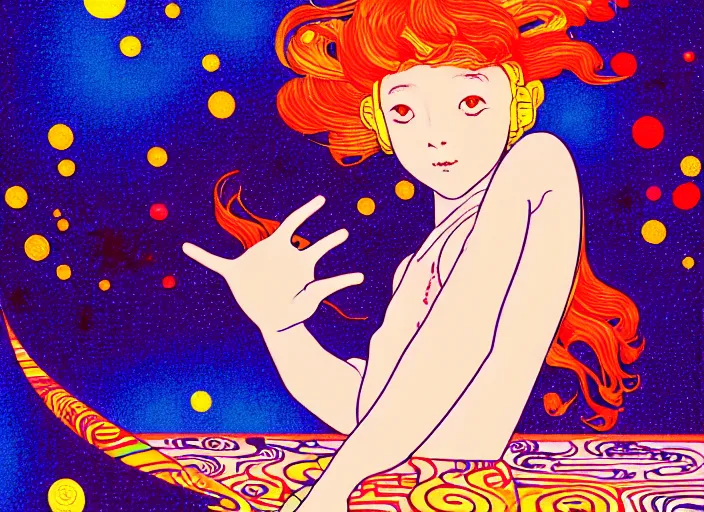 Prompt: portrait of a young girl dancing in space,Hiroyuki Imaishi,Studio Trigger,jean giraud,gustav klimt, kawaii, manga, bright colors,beautiful, 28mm lens,gradation, jean giraud, moebius, fantasy, rule of thirds fibonacci, intricate, matte print, smooth, Ilya Kuvshinov, Kyoto Animation, Murata Range