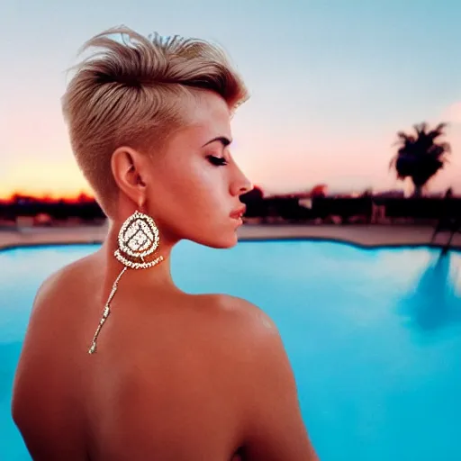Image similar to a realistic portrait of a beautiful woman with short messy blond hair, look like model, wearing diamond earrings and necklace and rings, swimming in the pool, skinny, sunset, los angeles landscape on background, 1 9 7 0 film photography
