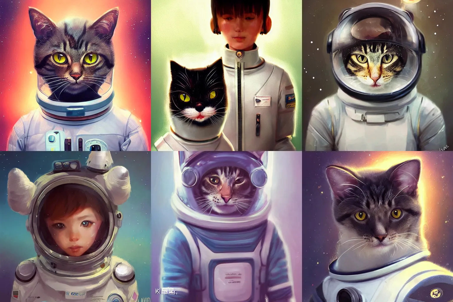 Image similar to head and shoulders masterpiece portrait of a cute adorable cat wearing a spacesuit, surreal background, digital art by Krenz Cushart, trending on artstation, cgsociety,