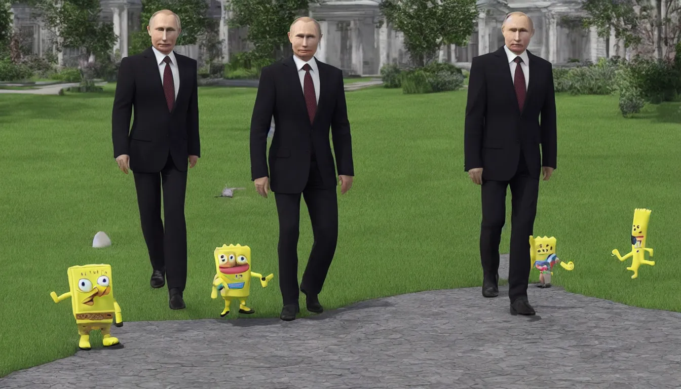 Prompt: putin walks with spongebob on the lawn, masterpiece. rendered in blender, ultra realistic, smooth shading, ultra detailed, high resolution, 8 k, cinematic, unreal 6