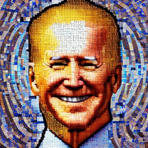 Image similar to portrait mosaic of a joe biden with robot ears and eyes, 4k, intricate details, digital, sun in the background