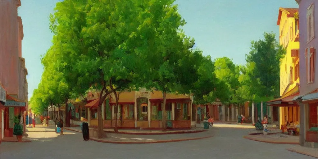 Prompt: calm italian street with green trees and icecream shop in the style of Edward Hopper