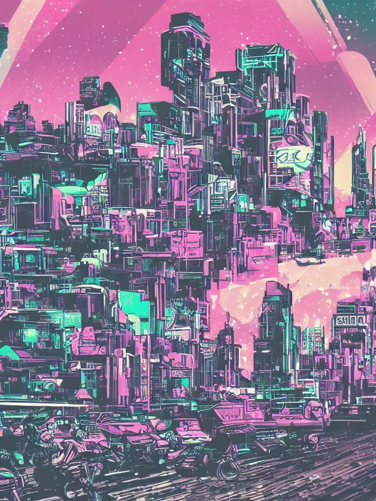 Image similar to brutalist style cityscape with retro style cafe racer motorcycles, under vapor wave galaxy