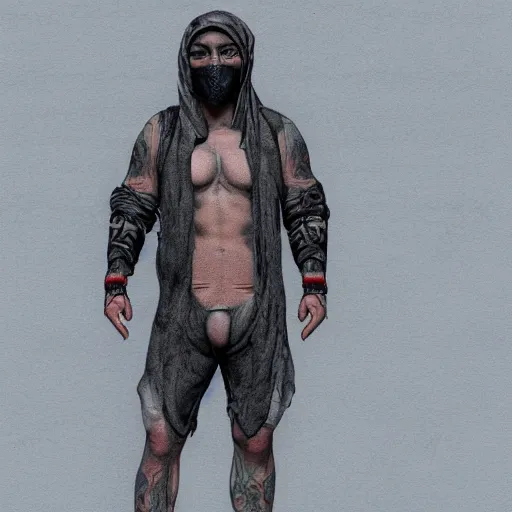 Image similar to Hot pigeons, grey skin, tattoos, wearing leather and cuddling in shroud and mask concept art