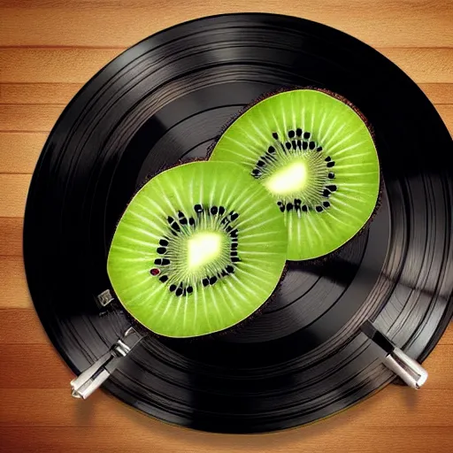 Image similar to vinyl turntable vinyl record in shape of huge kiwi fruit, 4 k, digital art, unreal render, hyperrealistic textures