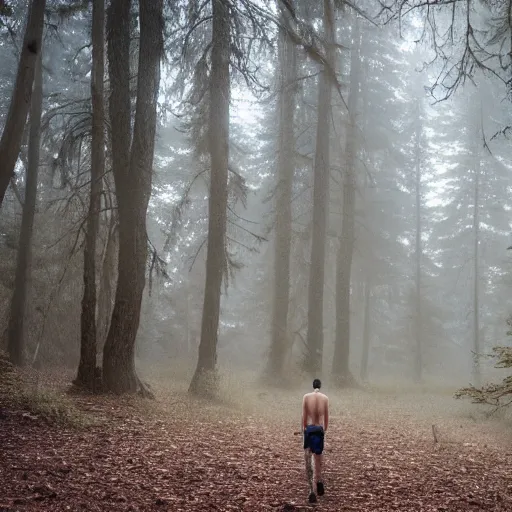 Prompt: pale, shirtless, teenage boy with natural brown hair hunting with a speer in eerie forest. twilight, foggy. photo 8 k.