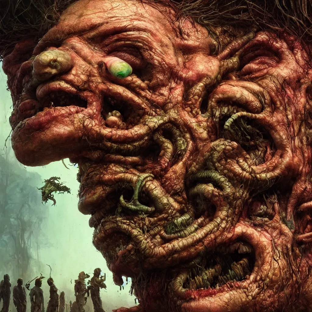 Image similar to extremely detailed cinematic movie still portrait of happpy rainbow dwarf eating mashroom hyperreal skin face by denis villeneuve, wayne barlowe, simon birch, marc simonetti, philippe druillet, beeple, alex grey bright volumetric sunlight, rich moody colors, closeup, bokeh