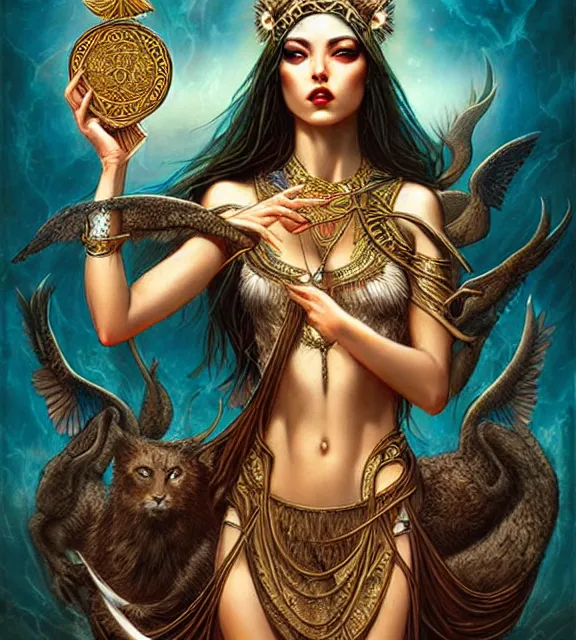 Prompt: goddess of the hunt, tarot card, ornate, digital art by artgerm and karol bak