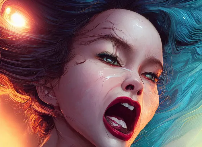 Image similar to wide open queen mouth, close - up, cry, defiant, full lips, light effect, hyper detailed, intricate, elegant, highly detailed, digital painting, artstation, concept art, matte, sharp focus, illustration, by dan mumford, yusuke murata, makoto shinkai, ross tran