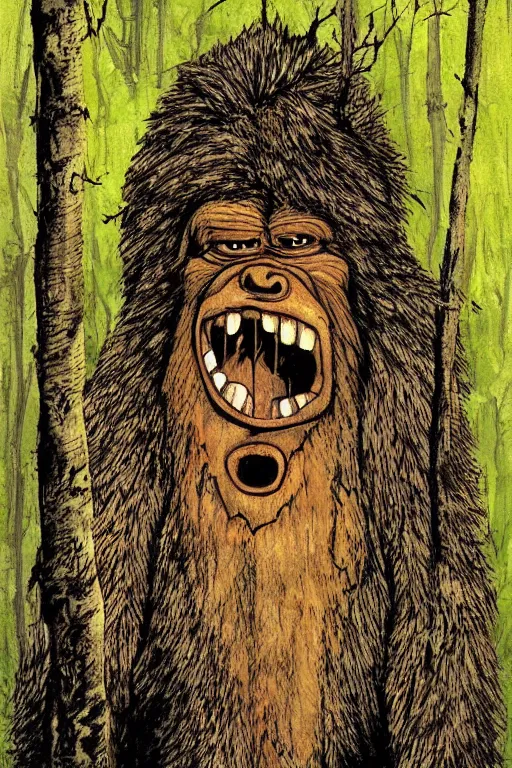 Image similar to happy bigfoot in the woods artwork by ben templesmith