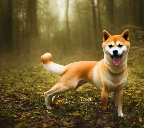 Image similar to a portrait of shiba inu with a mushroom cap growing on its head by luis royo. intricate. lifelike. soft light. sony a 7 r iv 5 5 mm. cinematic post - processing