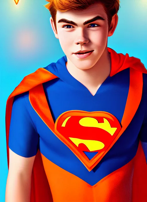 Image similar to friendly teenage archie andrews wearing an orange superhero costume with heart logo, heart, freckles, blue cape, heart emblem on chest, blue cape, intricate, elegant, glowing lights, highly detailed, digital painting, artstation, sharp focus, illustration, art by wlop, mars ravelo and greg rutkowski