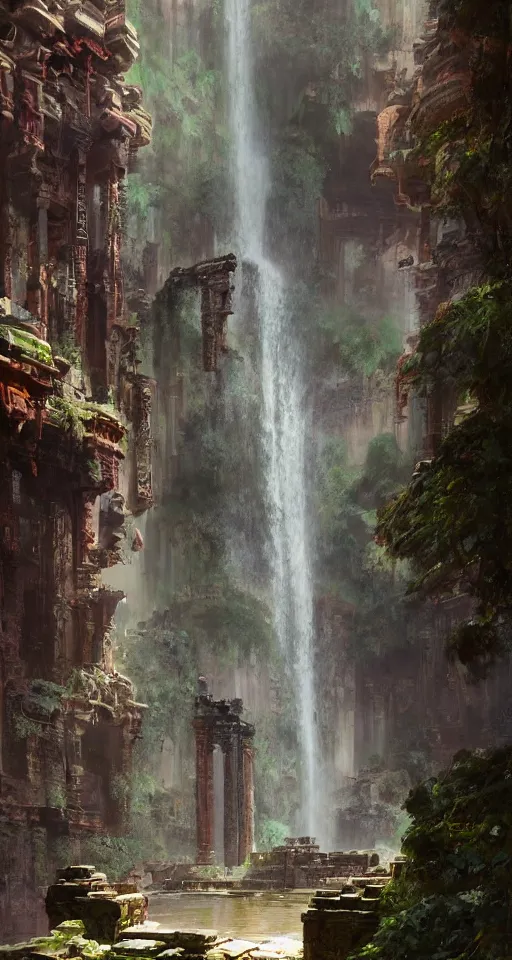 Image similar to ancient temple ruins interior, waterfall, intricate, elegant, vivid colors, highly detailed, john park, craig mullins, sparth, ruan jia, jeffrey catherine jones