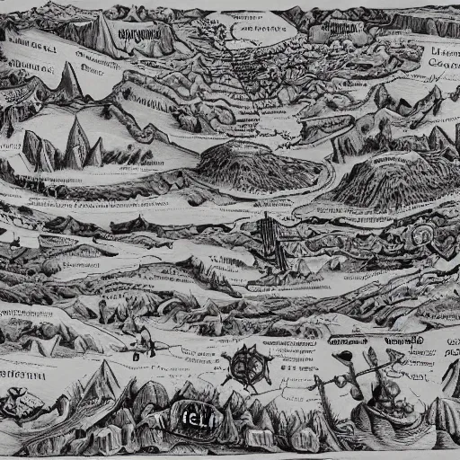 Image similar to detail geographical map of hell and heaven. very detailed. hand drawn.