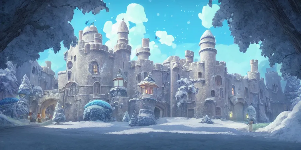 Prompt: a wholesome animation key shot of beneath a lovely ancient castle the snow by studio ghibli, animation, sharp, rendered in unreal engine 5, focused, anime key art by greg hildebrant, bloom, dramatic lighting