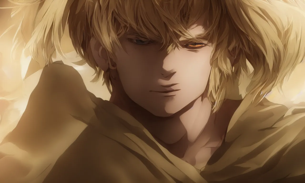 Image similar to solo portrait of blonde boy with golden eyes wearing a brown cape, anime screenshot, mappa studio artstyle, hyper realistic, pale skin, 4 k, rule of thirds, extreme detail, detailed drawing, trending artstation, hd, fantasy, realistic lighting, sharp focus, backlit,