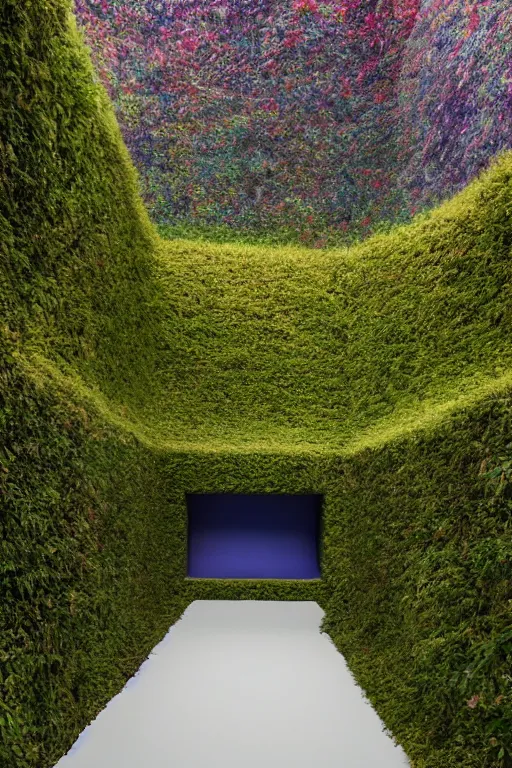 Image similar to colorful James Turrell interiors , overgrown by kudzu vines