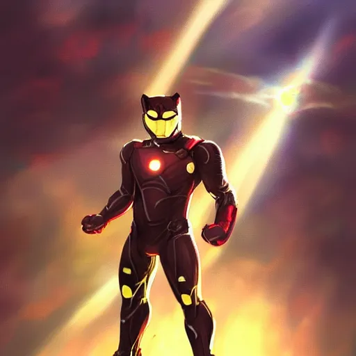 Prompt: cat in an ironman suit, concept art, highly detailed art, super hero cat, anthro cat, god rays, dramatic pose, marvel, MCU, digital painting, artstation