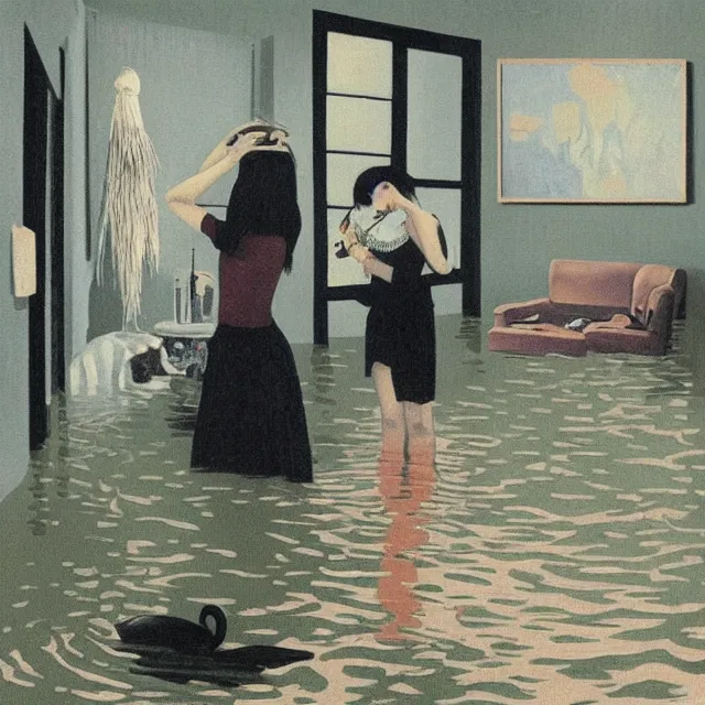 Image similar to tall female emo artists in their flooded apartment, rotenburo, painting of flood waters inside an artist's home, a river flooding indoors, pomegranates, pigs, ikebana, zen, water, octopus, river, rapids, waterfall, black swans, canoe, berries, acrylic on canvas, surrealist, by magritte and monet