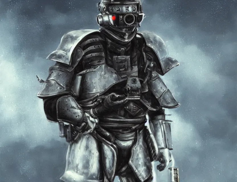 Image similar to a detailed portrait painting of a lone bounty hunter wearing combat armour and a reflective visor. Head and chest only. Dieselpunk elements. Movie scene, cinematic sci-fi scene. Flight suit, cloth and metal, accurate anatomy. Samurai influence, knight influence. fencing armour. portrait symmetrical and science fiction theme with lightning, aurora lighting. clouds and stars. Atmospheric. Futurism by moebius beksinski carl spitzweg moebius and tuomas korpi. baroque elements. baroque element. intricate artwork by caravaggio. Oil painting. Trending on artstation. 8k