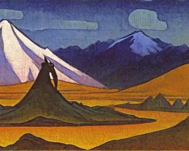 Image similar to ancient godzilla standing in front of altai forest, detailrd painting by roerich