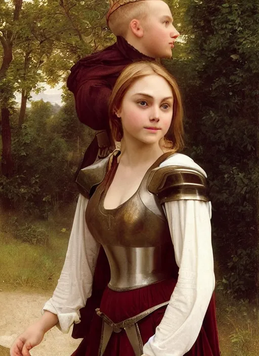 Image similar to annasophia robb wearing medieval armour and bowl haircut, bouguereau