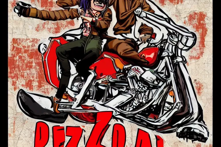 Image similar to pizza restaurant, akira's motorcycle, gorillaz, poster, high quality