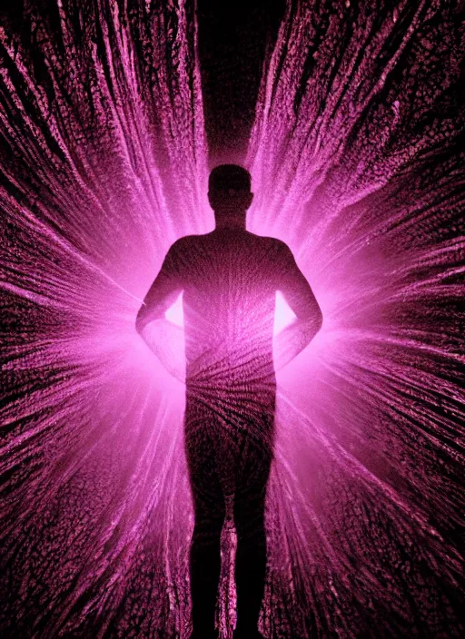 Image similar to fractal human silhouette, large diffused glowing aura, long exposure, film grain, cinematic lighting, field blur, tracers