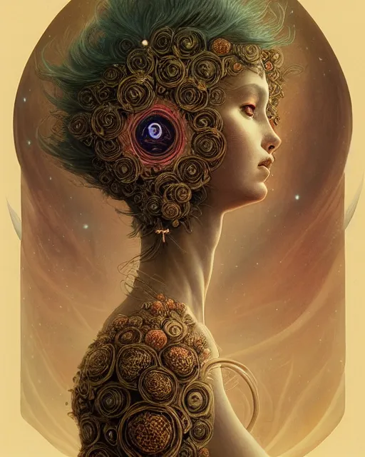 Prompt: centered beautiful detailed front view portrait of a woman with ornate growing around, ornamentation, flowers, elegant, beautifully soft lit, golden ratio, full frame, by wayne barlowe, peter mohrbacher, kelly mckernan,