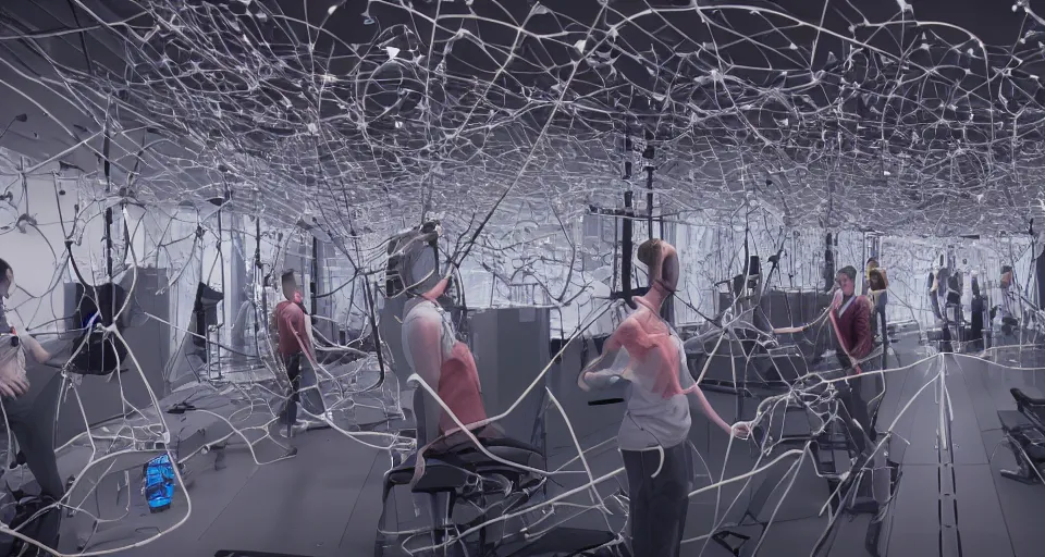 Prompt: a photo of hundreds of humans hooked up to wires in a multilevel biomechanical room, unreal engine, octane render,