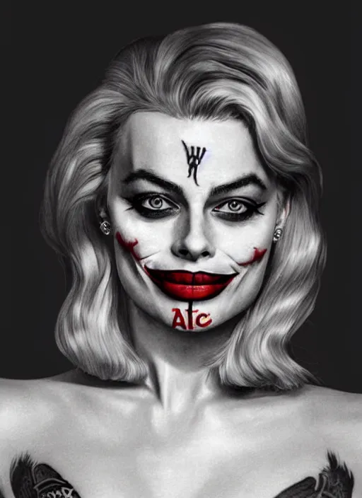 Image similar to tattoo design of beautiful margot robbie slightly smiling with joker makeup on the mouth and holding ace card, in the style of den yakovlev, realistic face, black and white, realism tattoo, hyper realistic, highly detailed