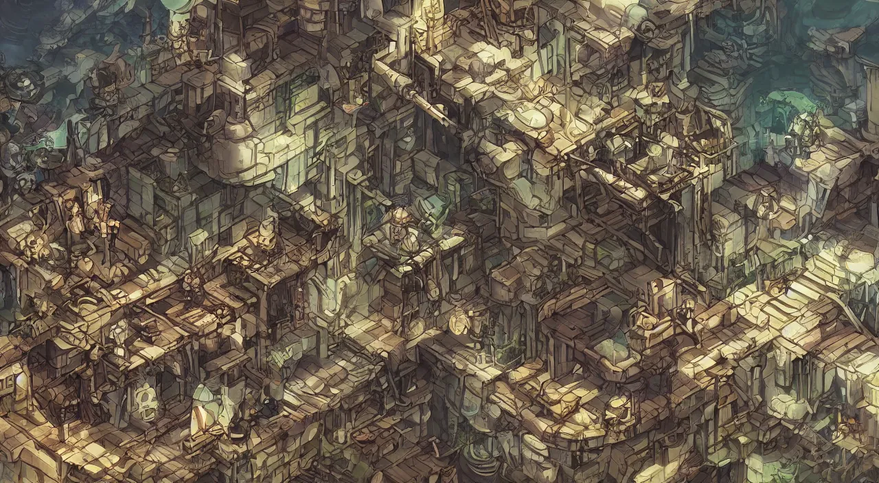 Image similar to open door wood wall fortress airship greeble block amazon jungle vanillaware fanart arstation by sung choi and eric pfeiffer and gabriel garza and casper konefal