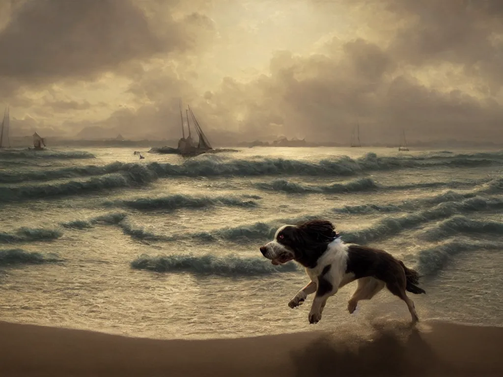 Prompt: springer spaniel running along a beach, quiet with a few boats in the background, peaceful, epic lighting, evening sunlight, cinematic, volumetric lighting digital art by greg rutkowski, roberto ferri, jeremy lipking, trending on art station, 8 k, highly detailed, hyper realistic, photorealistic