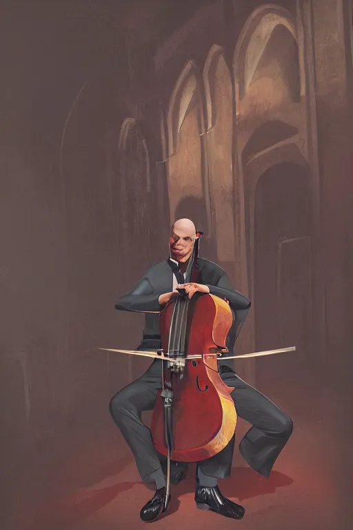 Image similar to an expressive portrait of agent 4 7 playing the cello in a monastery, dark background, red rim light, digital art, artstation, concept art by giger stalenhag