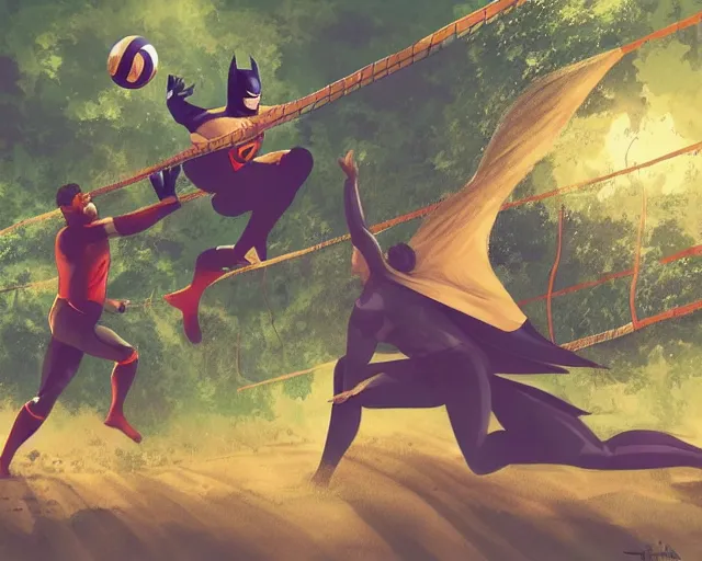 Image similar to batman and superman are playing volleyball in a jungle, volleyball in the air, volleyball net, digital illustration, inspired by greg rutkowski and artgerm, high detail