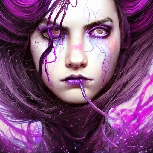 Image similar to detailed photo portrait of a furious teen girl with thin, hair-like purple tentacles on her head and bright purple eyes, 8k,by tristan eaton, Stanley Artgermm,Tom Bagshaw,Greg Rutkowski,Carne Griffiths,trending on DeviantArt, face enhance,hyper detailed ,full of colour, dramatic lightning