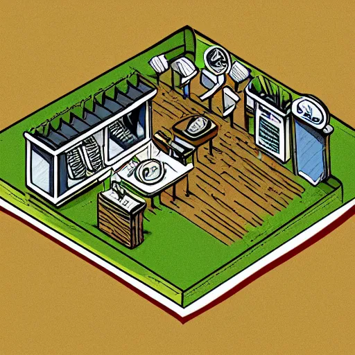 Image similar to hand - drawn minimalistic line portrait of cannabis cafe, isometric, inked, digital art