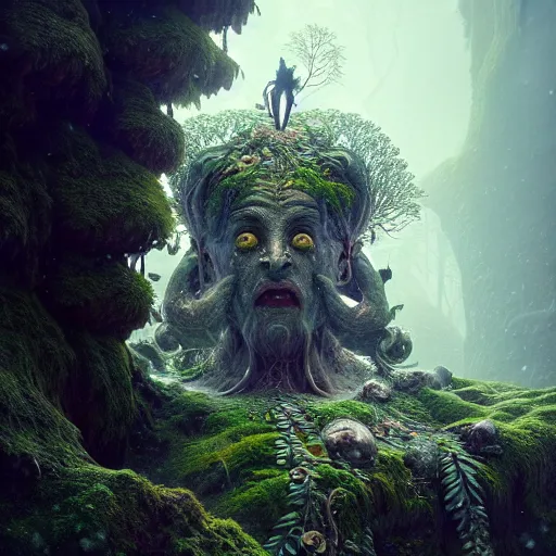 Image similar to ancient fallen god, lush trunda vegetation, snow :: by Michal Karcz, Daniel Merriam, Victo Ngai and Guillermo del toro :: ornate, dynamic, particulate, intricate, elegant, highly detailed, centered, artstation, smooth, sharp focus, octane render, 3d