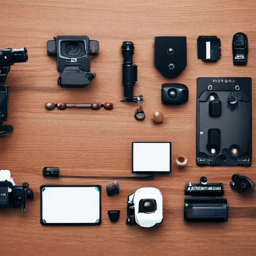 Image similar to flat lay filmmaking equipment, photorealistic, detailed, hyperreal,