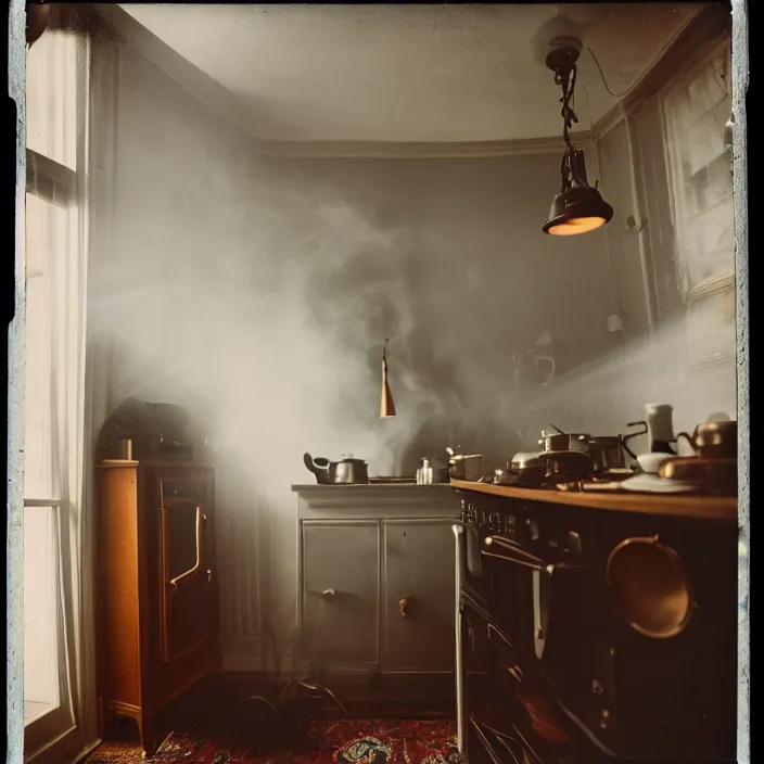 Prompt: kodak portra 4 0 0, wetplate, fisheye, award - winning portrait by britt marling, 1 9 2 0 s kitchen room, ghost, picture frames, shining lamps, dust, smoke, 1 9 2 0 s furniture, wallpaper, carpet, books, muted colours, wood, fog,