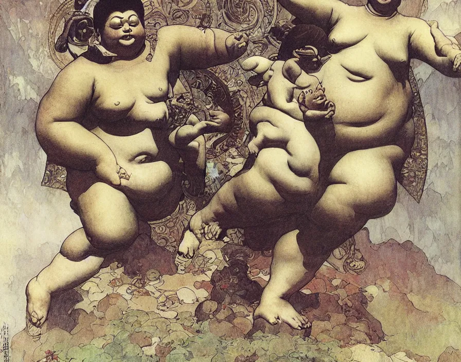 Prompt: a fat buddha stands triumphant over a slain monster, normal rockwell, frank frazetta, mucha bouguereau